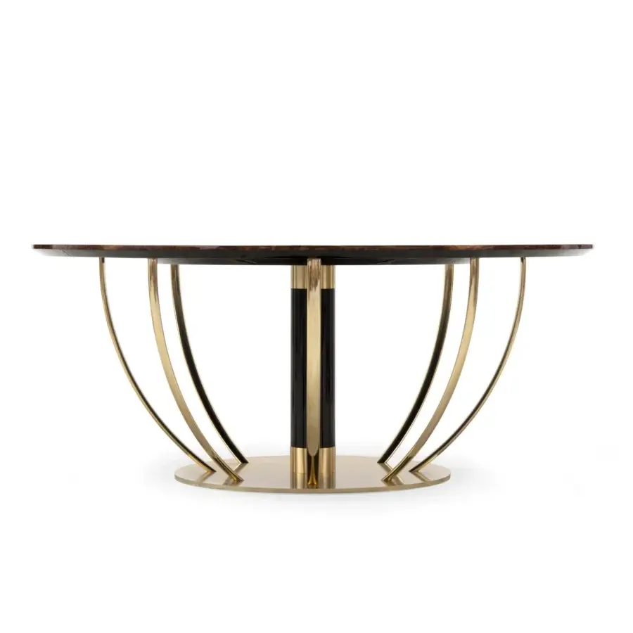 Superior Formitalia Dome table with wood veneer and mirrored lazy susan built with metallic lacquering and curved brass-tone supports