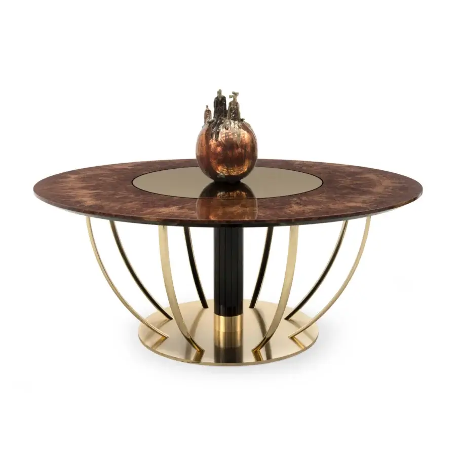 Captivating Formitalia Dome table with warm brown wood veneer and mirrored lazy susan built with metallic lacquered golden bars