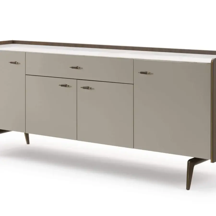 Harmonious Turri Blues sideboard crafted with walnut wood, white marble, and sleek metal profiles in a light beige matte finish