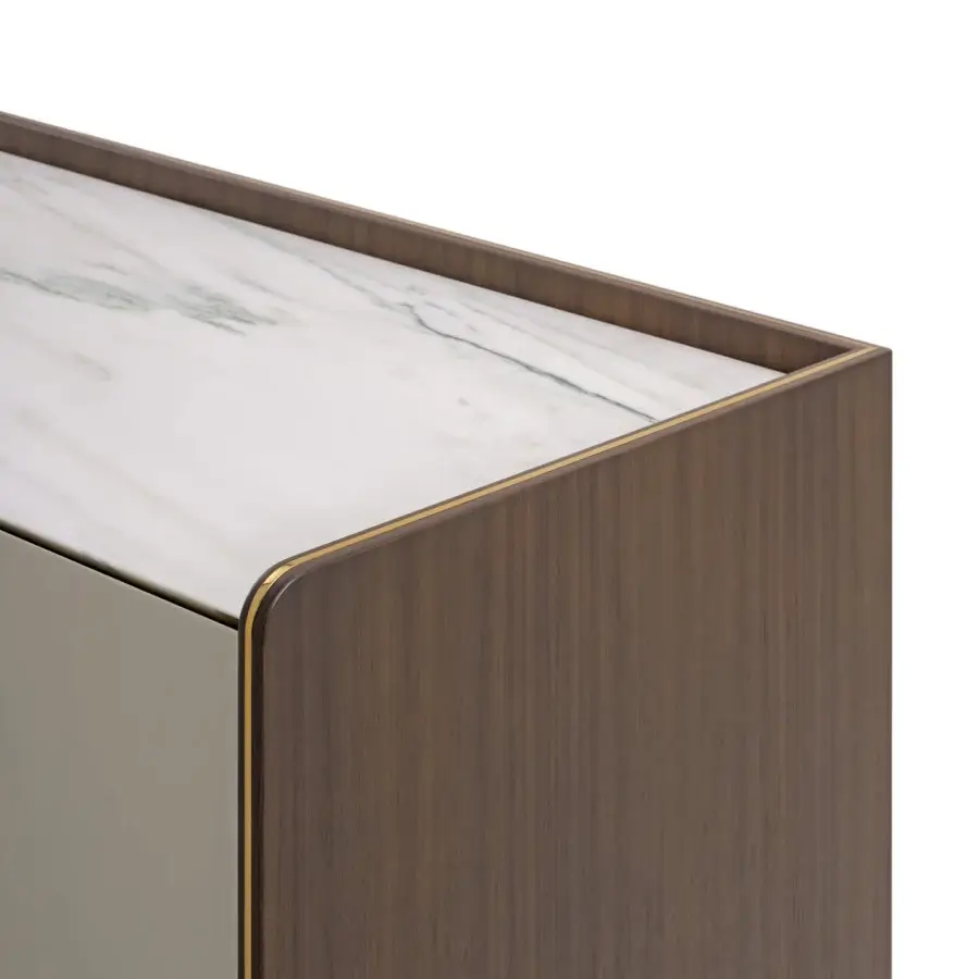 Superior Turri Blues sideboard crafted with walnut wood, marble, and gold-colored metal profiles for storage