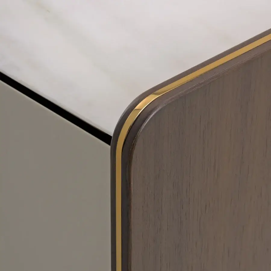 Exclusive Turri Blues sideboard crafted with walnut wood, a light-colored top, and golden metal trim accents