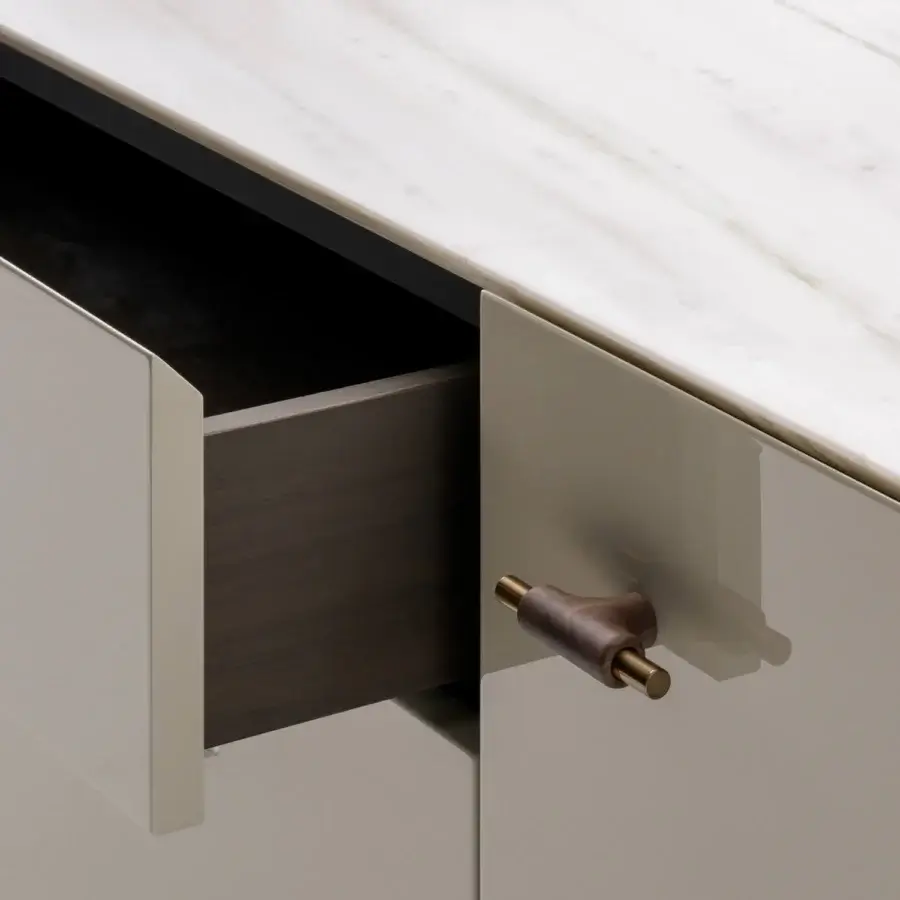 Exceptional Turri Blues sideboard crafted with walnut wood, a white marble top, and T-shaped leather handles in a glossy finish