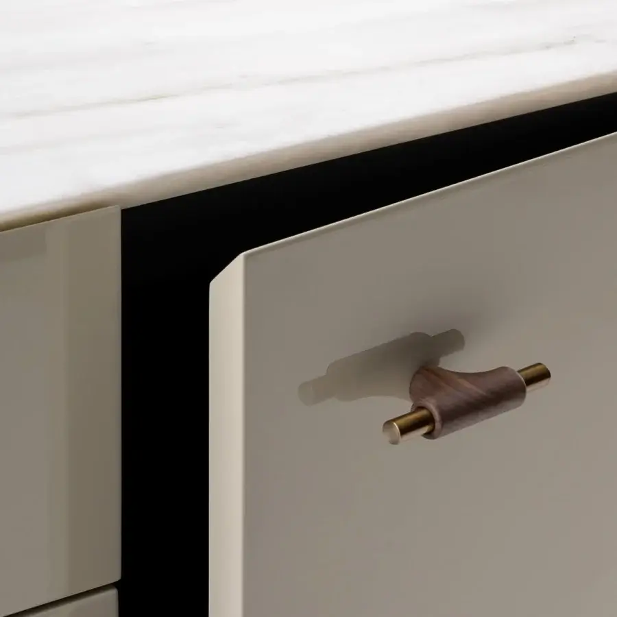 Superior Turri Blues sideboard with walnut wood, a wooden or marble top, and metal profiles in glossy and matte finishes