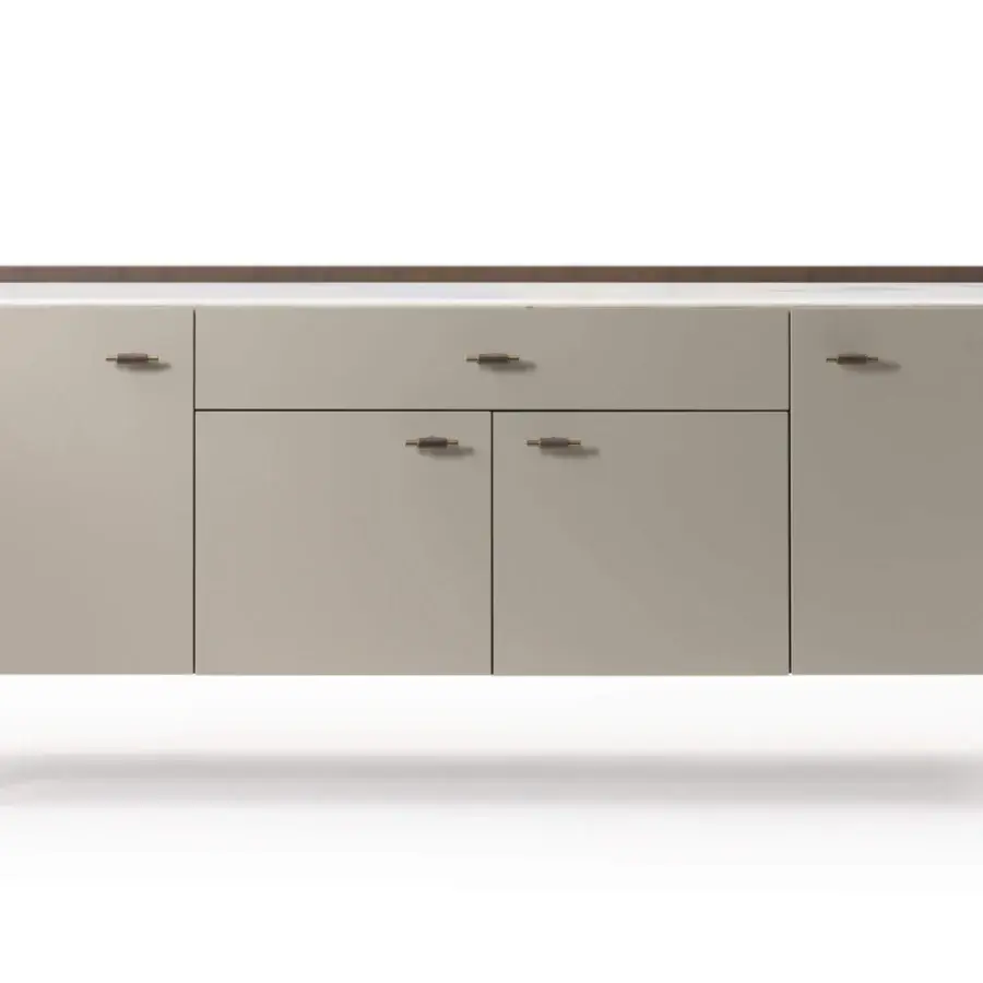 Elegant Turri Blues sideboard with beige finish, dark brown walnut trim and a stone-like top crafted with lacquered and leather fronts
