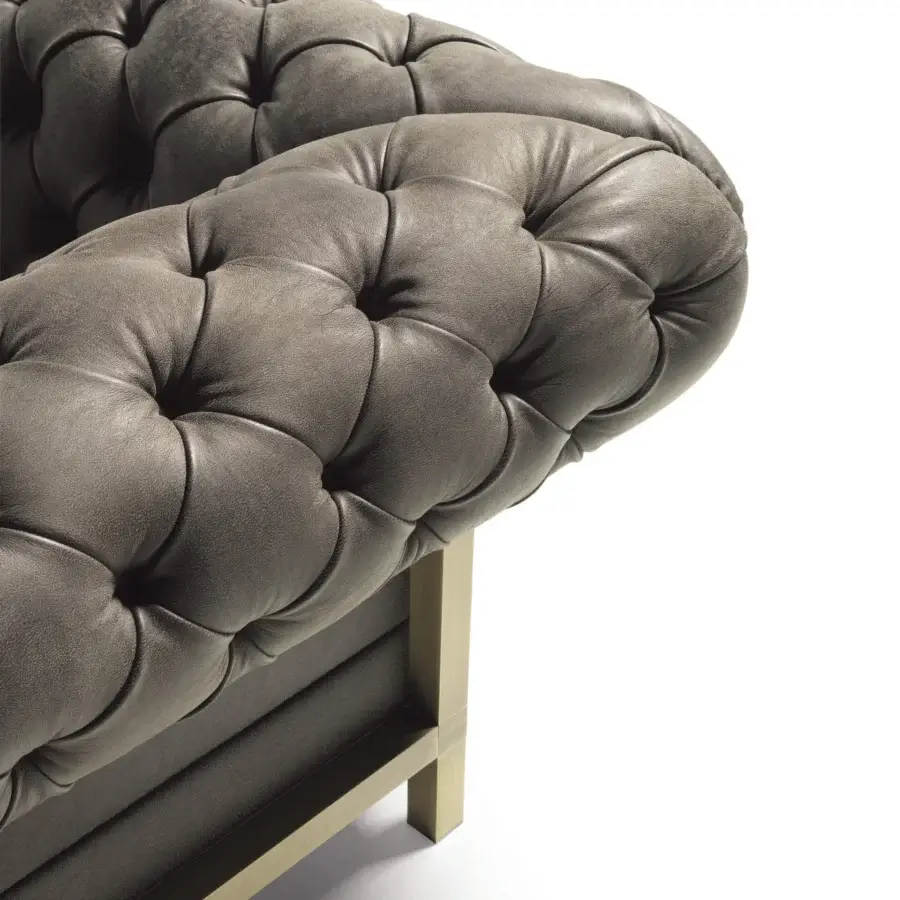 Superior Bellavista My Chester Tuft sofa in dark gray matte leather with brass base and channeled goose down cushions
