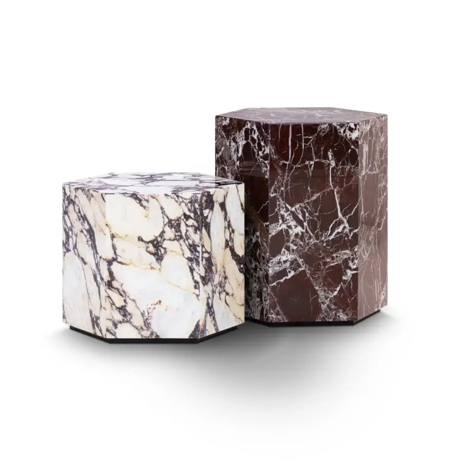 Exceptional Formitalia Exa side table with burgundy and white marble blocks built upon lacquered bases with glossy finishes