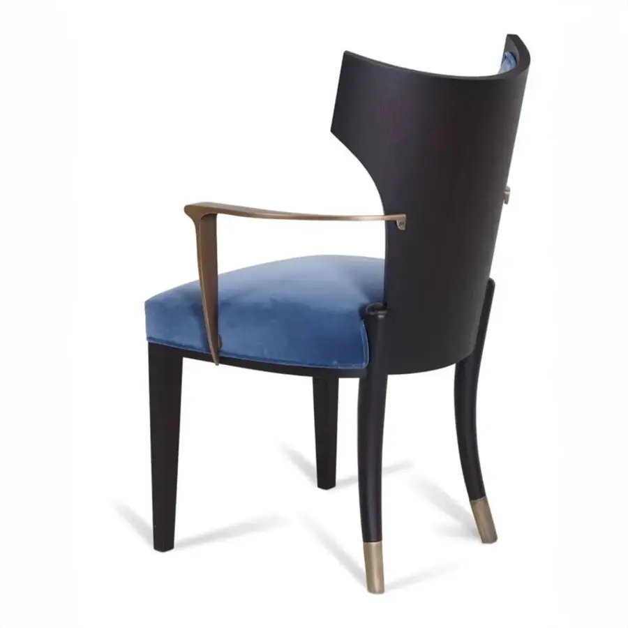 Elegant Bellavista Angelina chair with curved multilayer poplar wood, blue velvet upholstery and brushed brass armrests