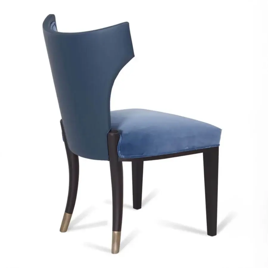 Lavish Bellavista Angelina chair with curved Italian poplar wood, plush blue velvet upholstery and dark brown solid oak legs
