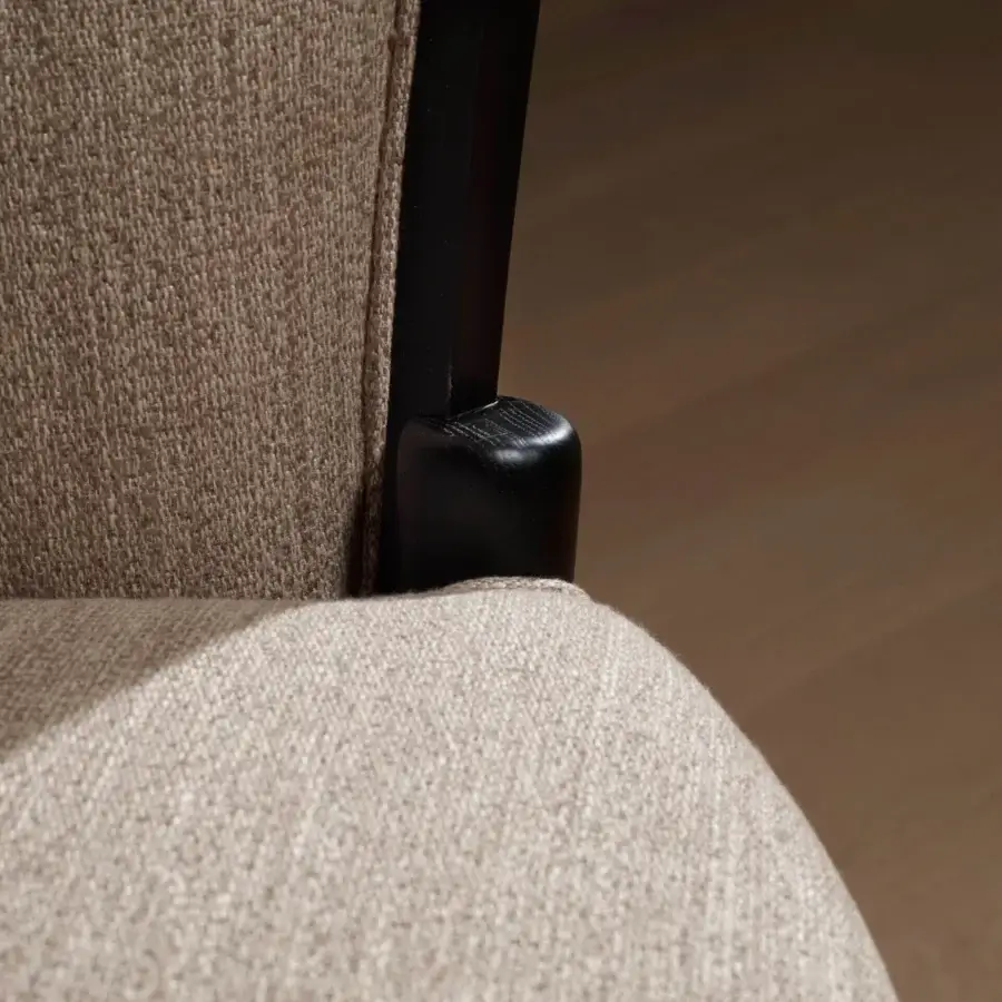 Elegant Bellavista Angelina chair with light beige fabric upholstery, solid oak legs and dark armrests showcasing contemporary Italian design