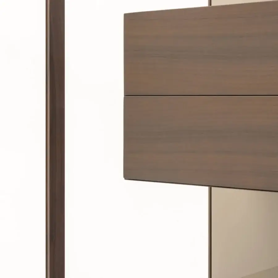 Superior Turri Blues cupboard with linear silhouette, metal-edged drawers and warm medium-toned brown wood finish