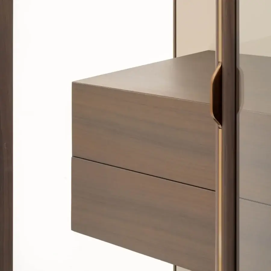 Exceptional Turri Blues cupboard with glass sides juxtaposed against solid drawers in medium-toned wood with a matte finish
