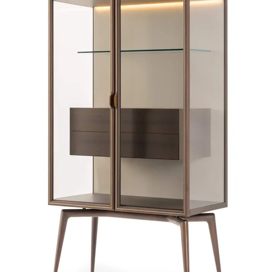 Exceptional Turri Blues cupboard with a medium brown wood frame accented by bronze trim and glass sides