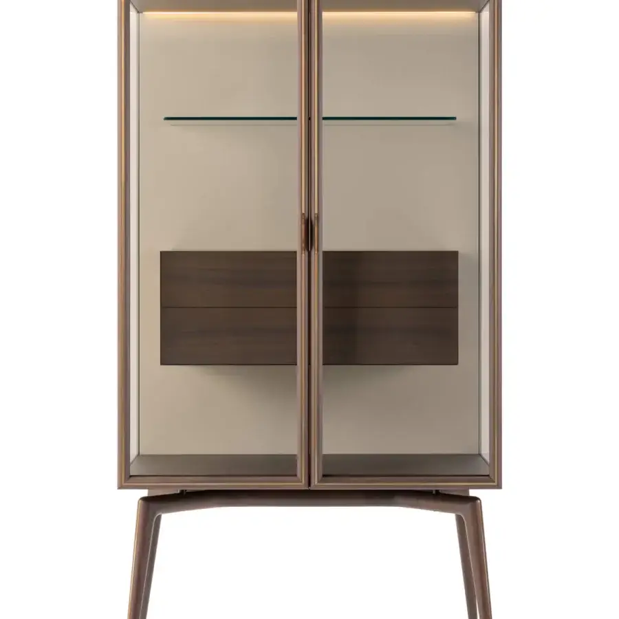 Distinguished Turri Blues cupboard with glass sides meeting darker wood drawers and a smooth matte medium brown wood frame