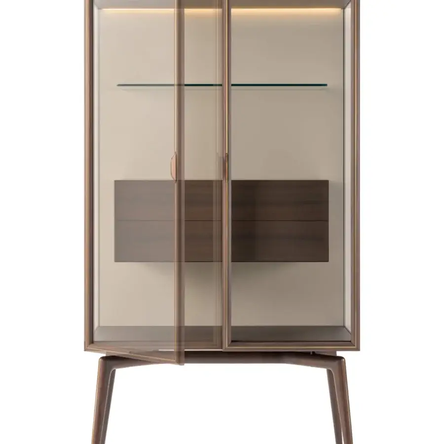 Superior Turri Blues cupboard with linear silhouette, glass sides, and a light-toned wood frame built with darker wood drawers