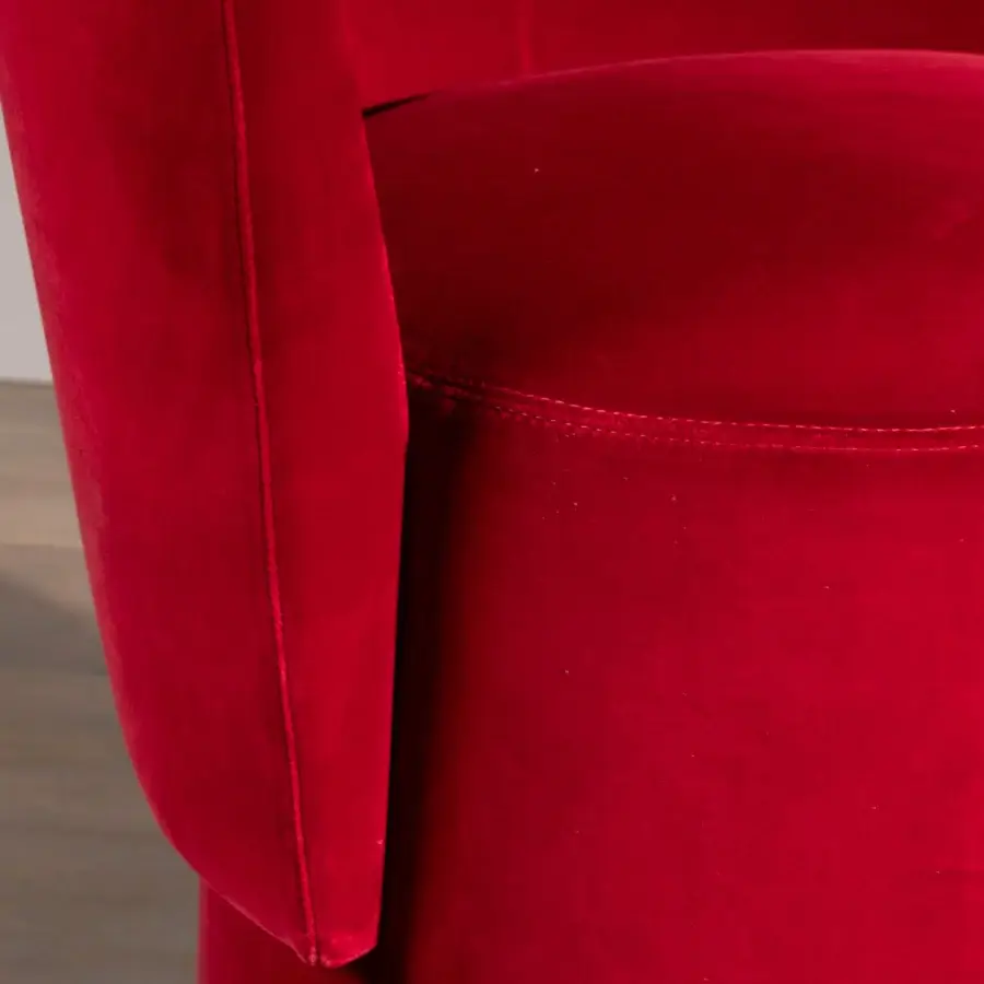 Exceptional Bellavista Dali ottoman with deep red textile upholstery and cylindrical Italian poplar wood structure