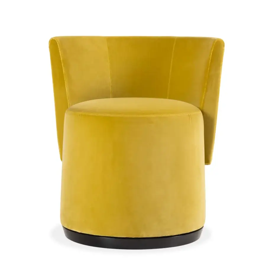Superior Bellavista Dali ottoman with cylindrical form and muted yellow textile upholstery built on a fixed black MDF base