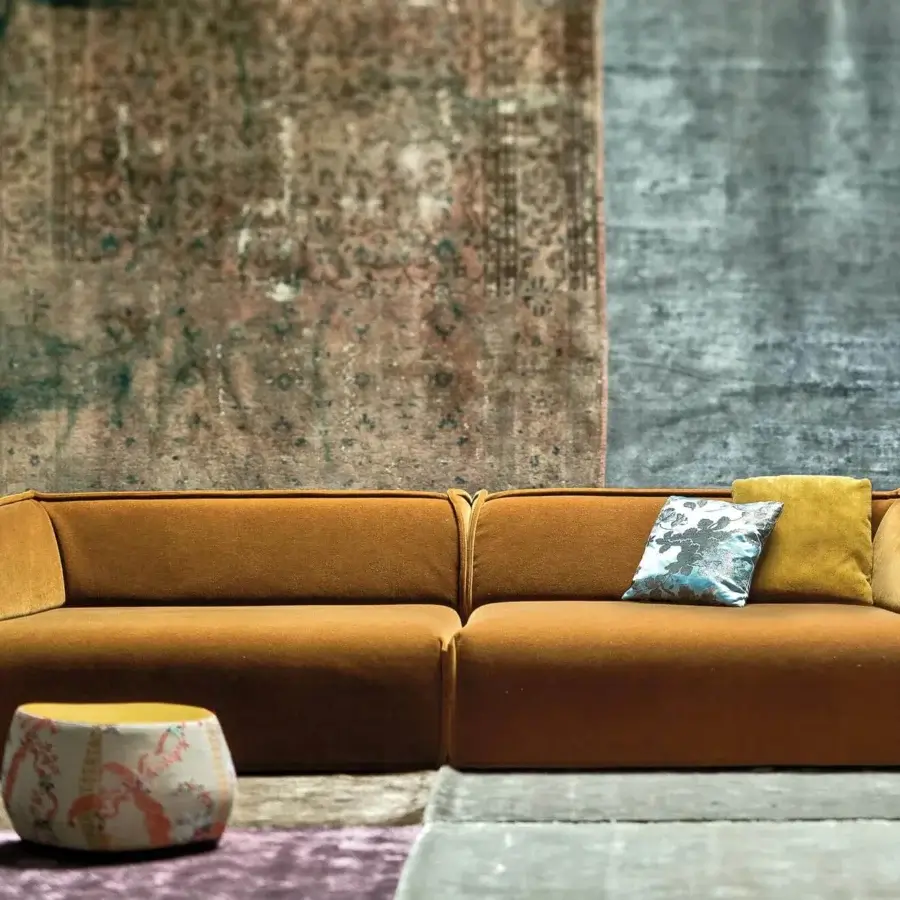 Distinguished Moroso M.a.s.s.a.s sofa with a warm brown tone and geometric silhouette crafted in polyurethane foam and polyester fiber upholstery