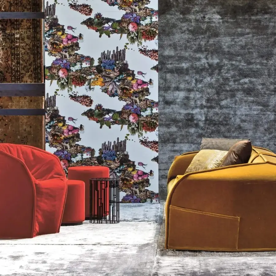 Superior Moroso M.a.s.s.a.s sofa with boxy silhouette crafted in mustard-colored wood and differentiated density polyurethane foam upholstery