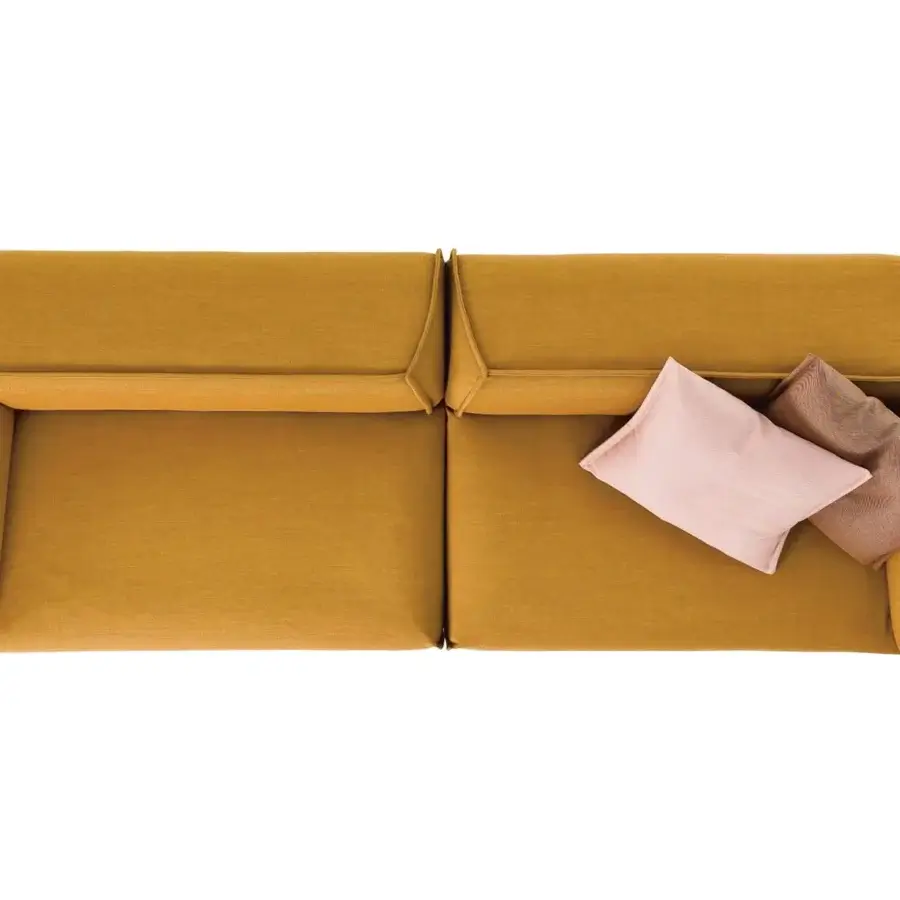 Distinguished Moroso M.a.s.s.a.s sofa with rectangular form and rounded edges upholstered in mustard-yellow woven fabric