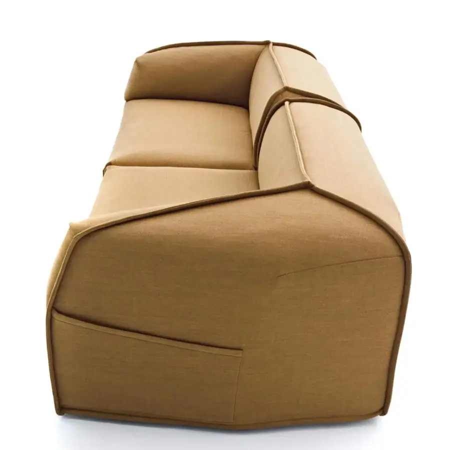 Exceptional Moroso M.a.s.s.a.s sofa with blunt blocks and segmented backrests upholstered in textured light brown bonded fabric