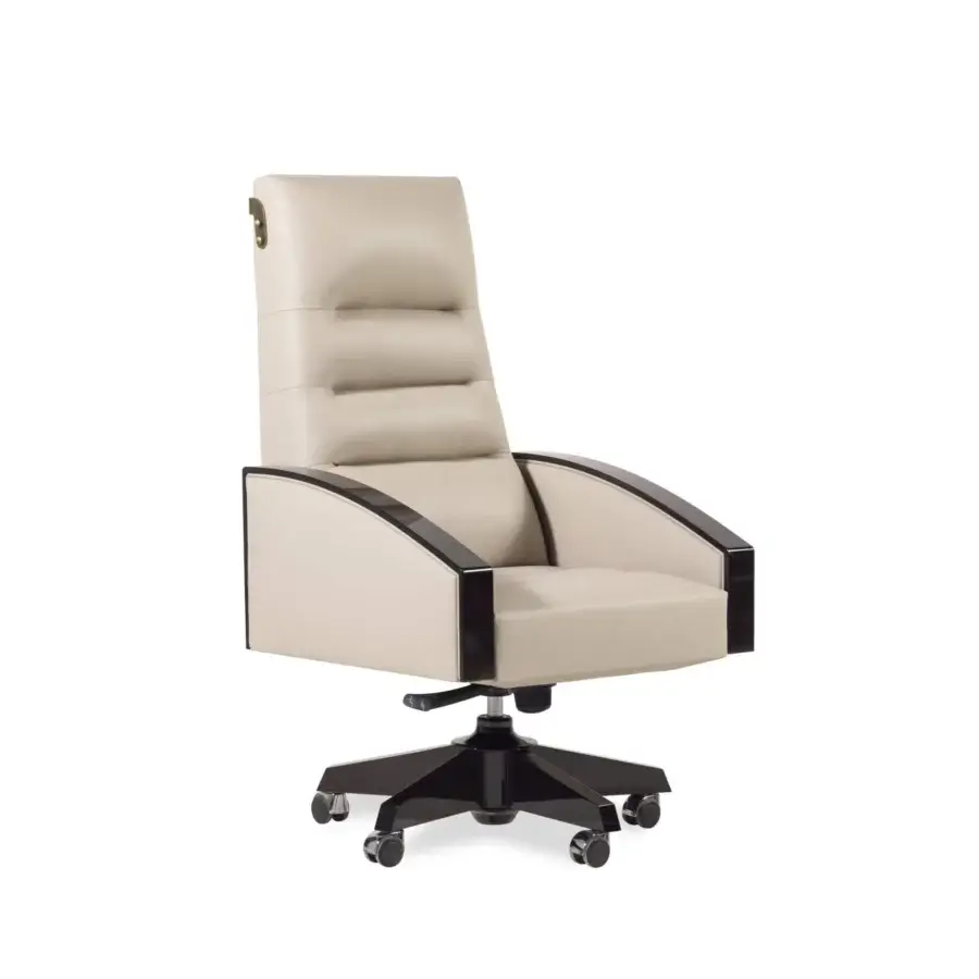 Refined Bellavista Hilton armchair with light beige leather upholstery and glossy ebonized beechwood base crafted in Italy