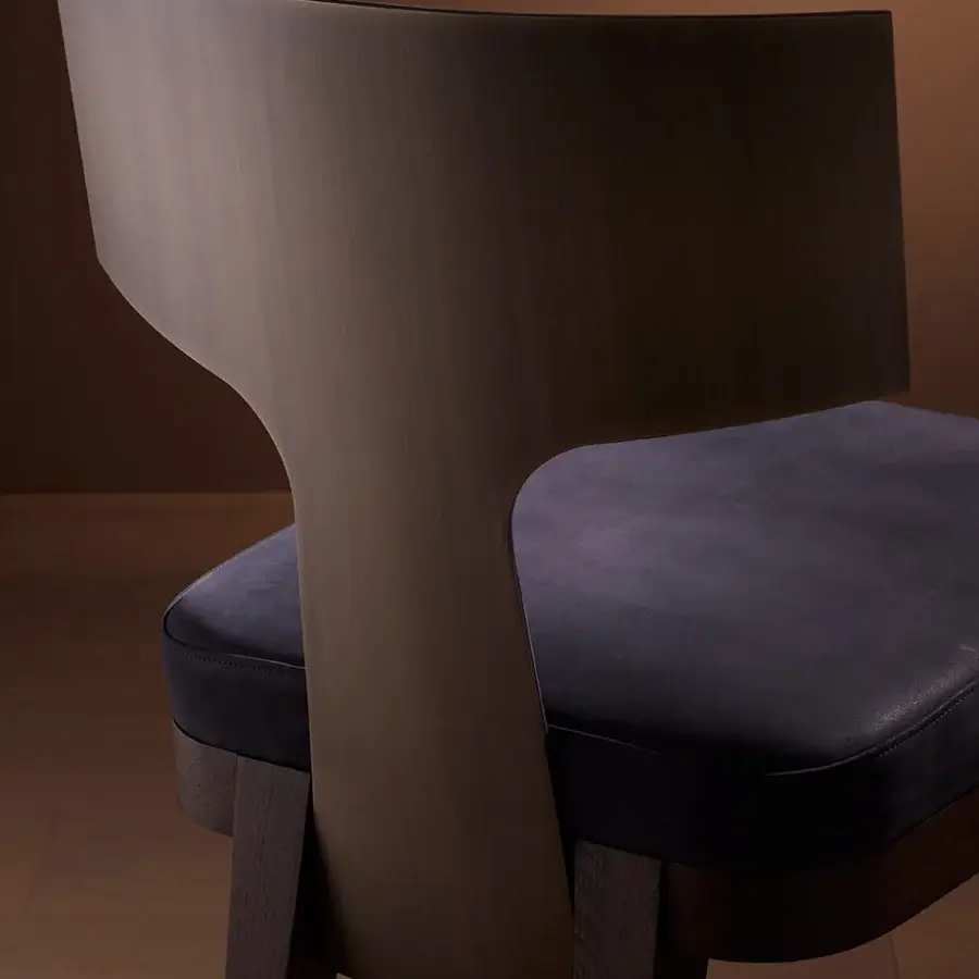 Refined Bellavista Kate chair with curved multilayer Italian poplar wood and solid stained Ashwood legs in dark textile upholstery with matte finish