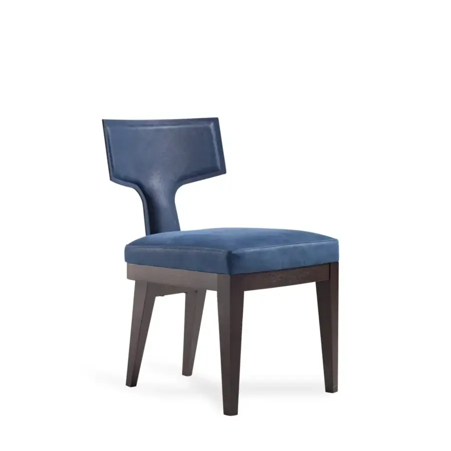 Exceptional Bellavista Kate chair with curved multilayer Italian poplar wood, blue textile upholstery and stained ashwood legs