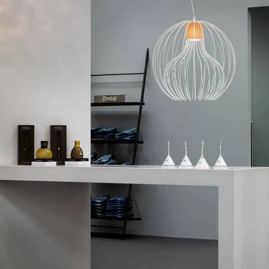 Distinguished Modo Luce Icaro Ball suspension lamp with a spherical body crafted in white painted steel wire and a light brown cylindrical element