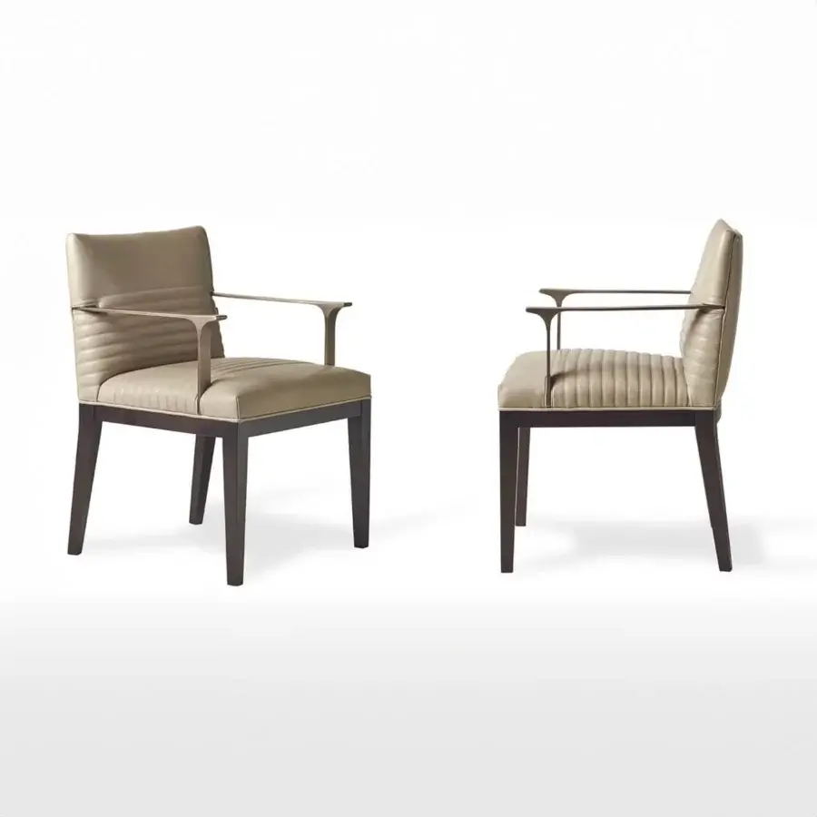Distinguished Bellavista Masaryk chair crafted in Italy with muted beige leather upholstery and a solid Moka Beechwood base