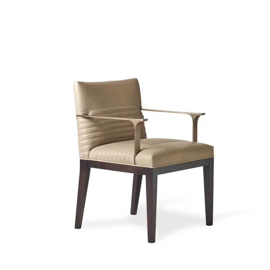 Elegant Bellavista Masaryk chair with light tan upholstery, solid Moka Beechwood base and cast brass armrests
