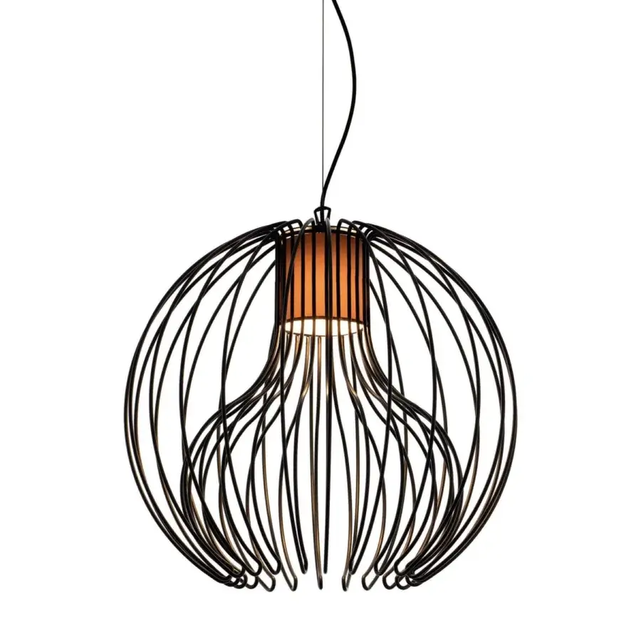 Elegant Modo Luce Icaro Ball suspension lamp with a spherical steel wire cage and light brown textile shade in a matte finish