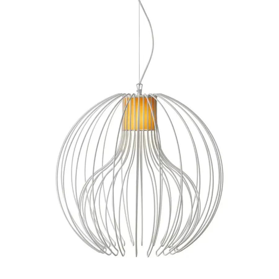 Distinguished Modo Luce Icaro Ball suspension lamp with a spherical painted steel wire cage and removable textile stripe diffuser
