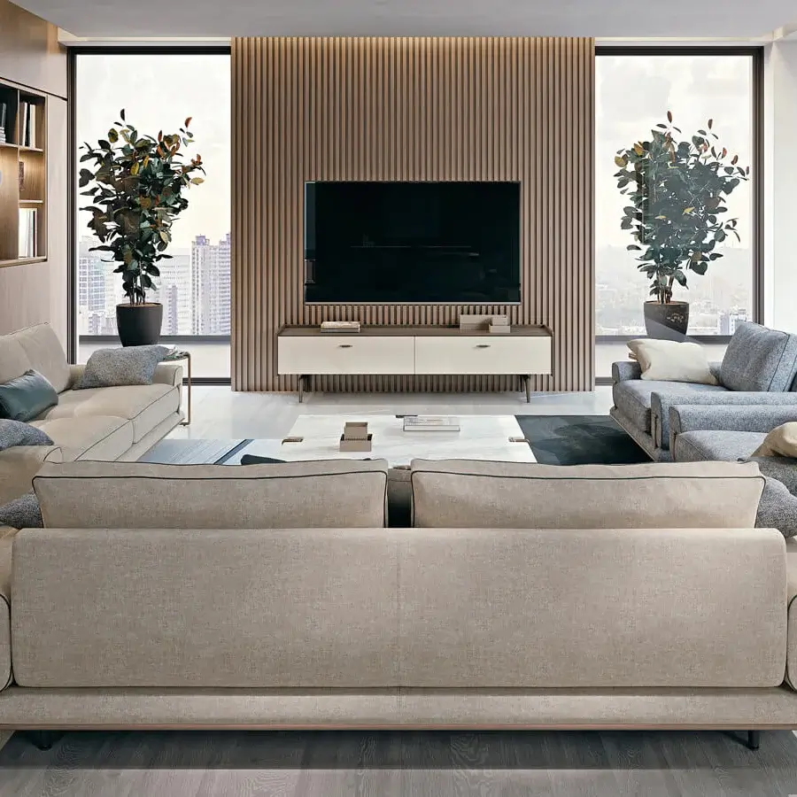 Distinguished Turri Blues TV stand with walnut wood structure and natural wood top, showcasing handle-less cabinet doors and dark metal legs