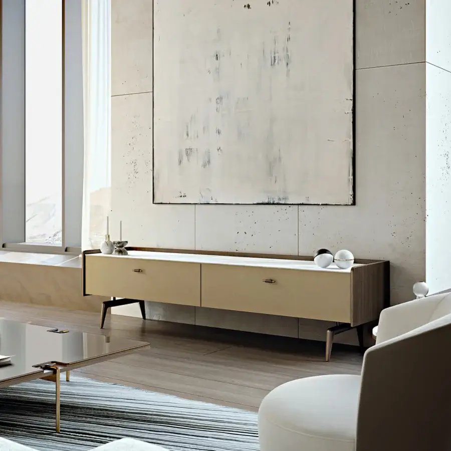 Exceptional Turri Blues TV stand crafted with walnut wood, light stone top and smooth beige drawers in satin finish