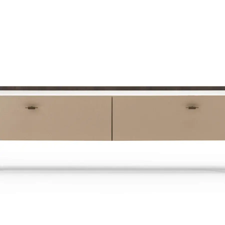 Distinguished Turri Blues TV stand with walnut wood, beige drawer fronts and light top surface crafted with T-shaped handles