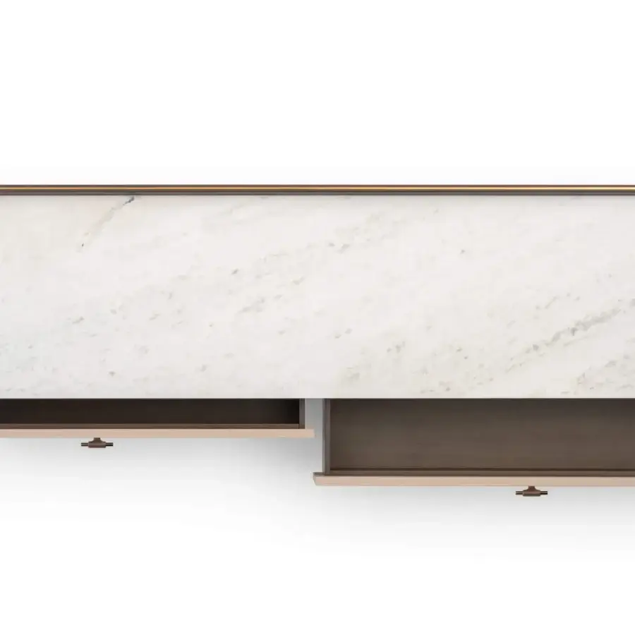 Meticulous Turri Blues TV stand with walnut wood structure and white marble top framed with sleek metal