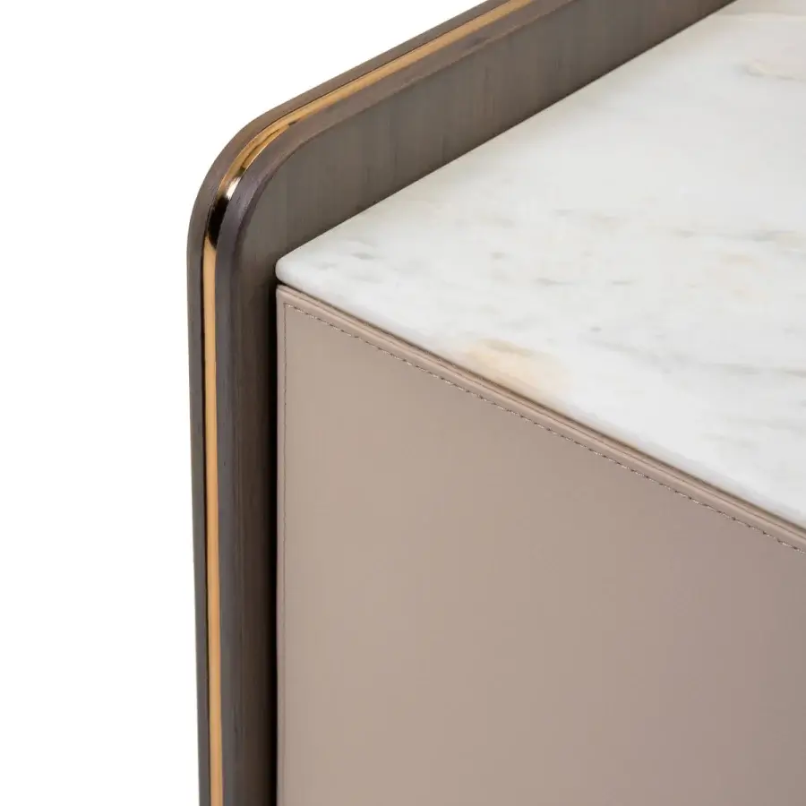Superior Turri Blues sideboard with polished marble and matte lacquered cabinet fronts built with dark walnut wood framing and gold-toned metal profiles