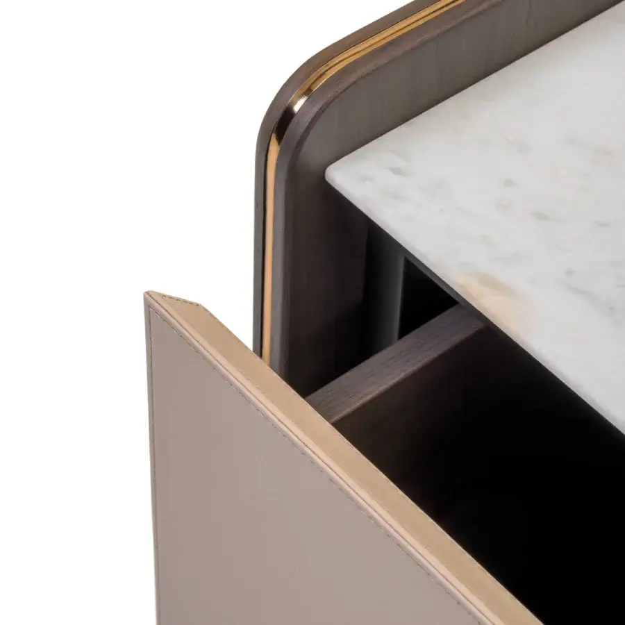 Exceptional Turri Blues sideboard crafted with walnut wood, beige drawer fronts and white marble with golden accents in a dark satin finish