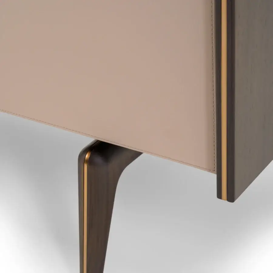 Superior Turri Blues sideboard built with walnut wood and beige leather, showcasing sleek metal profiles and gold trim