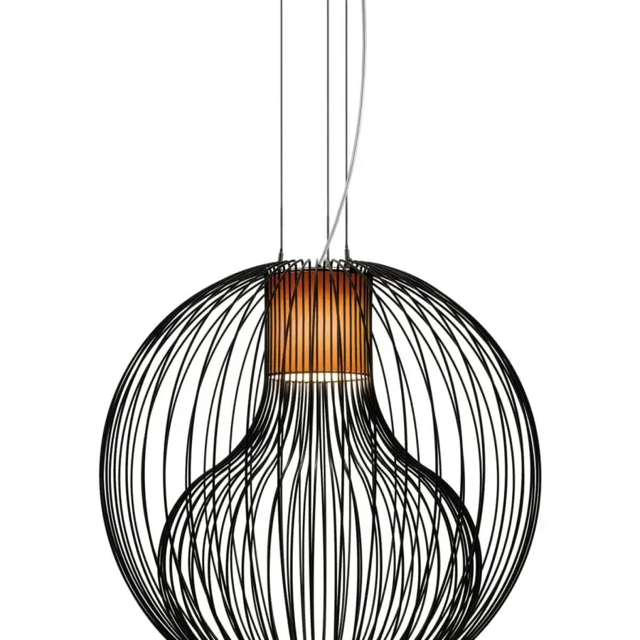 Exceptional Modo Luce Icaro Ball suspension lamp with a cage-like painted steel wire body and orange-brown striped diffuser in a sleek matt finish