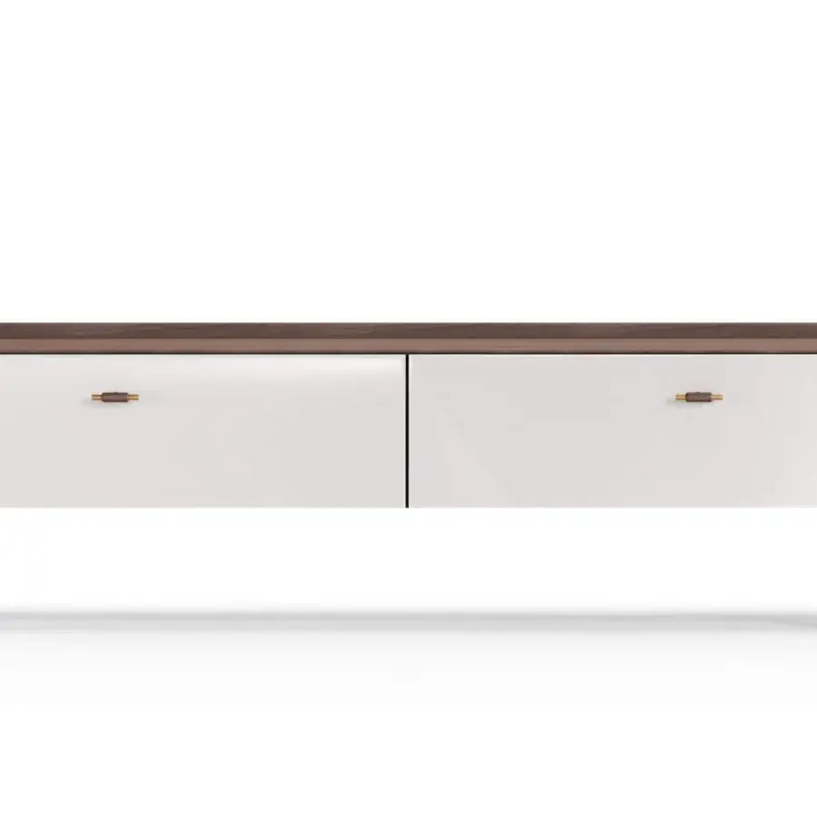 Elegant Turri Blues TV stand with walnut wood structure and glossy lacquered white drawer fronts exhibiting Italian craftsmanship