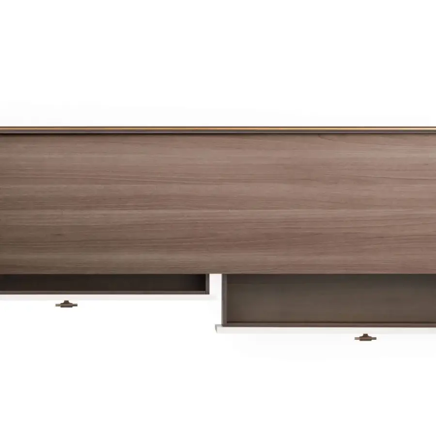 Exceptional Turri Blues TV stand with walnut wood structure and glossy lacquered drawer fronts, accented with bronze-colored handles