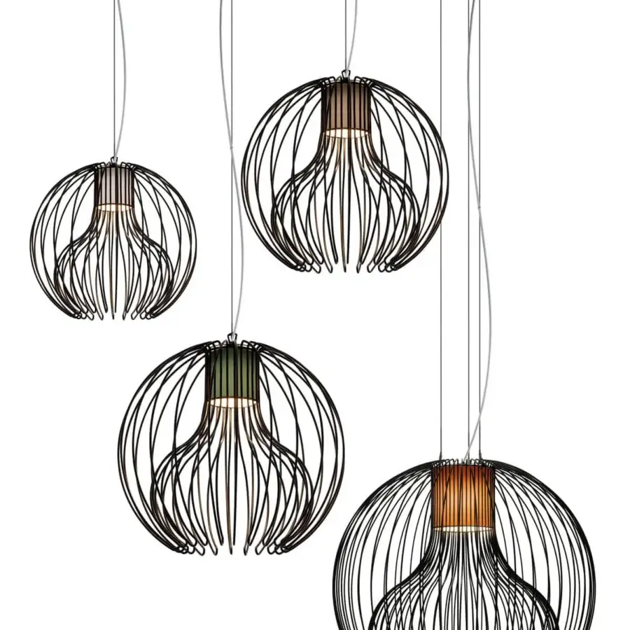 Superior Modo Luce Icaro Ball suspension lamp with a spherical body in painted steel wire and matte black finish