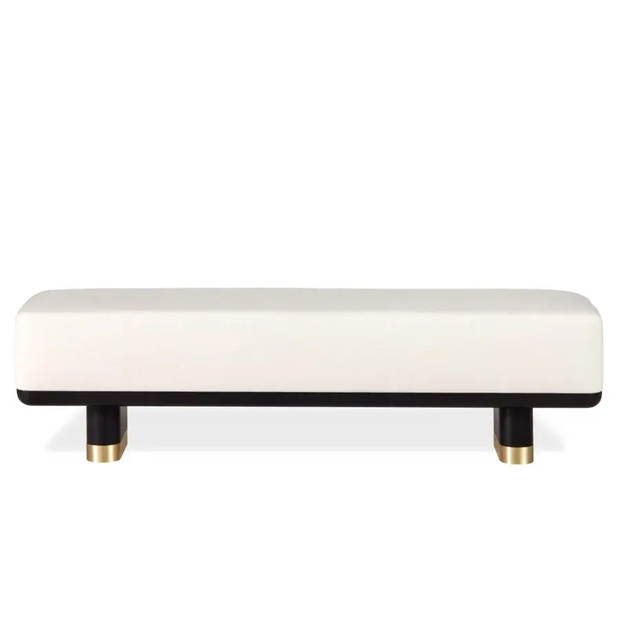 Distinguished Bellavista Geisha bench with light beige fabric upholstery and dark-toned solid ashwood with delicate brass feet