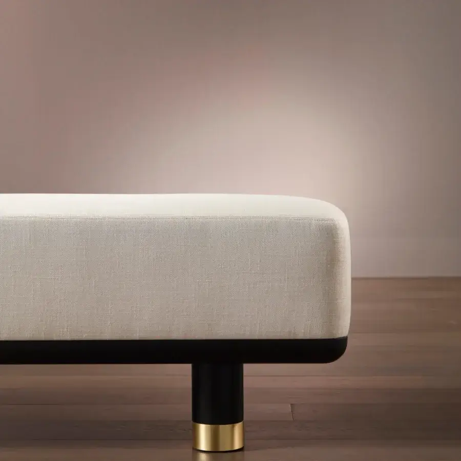 Superior Bellavista Geisha bench with woven light beige fabric upholstery and solid ashwood with brass feet