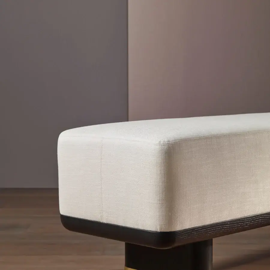 Exclusive Bellavista Geisha bench with light beige fabric upholstery and solid ashwood with brass feet