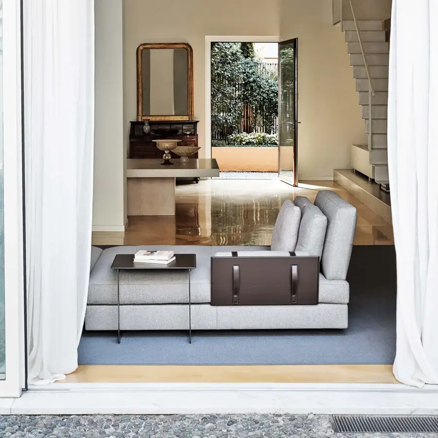 Superior Swan Italia Hemingway sectional in light gray textile with dark brown coach hide panel and wooden frame