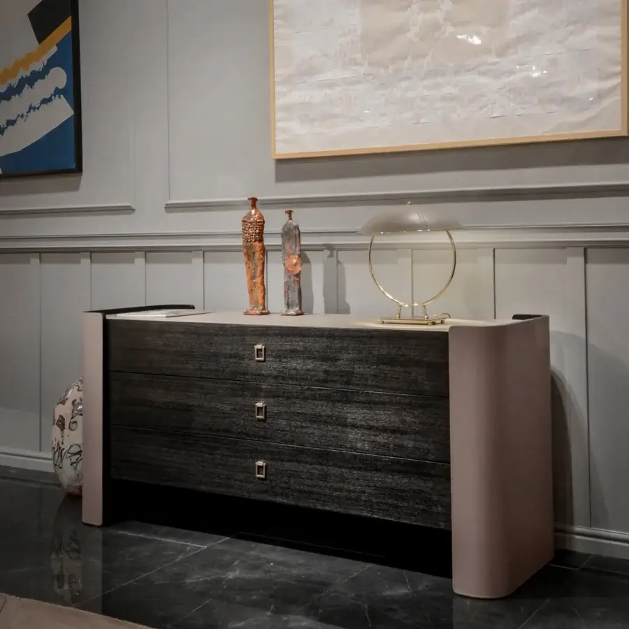 Exceptional Formitalia Downtown sideboard with light grey fabric sides and dark grey wood veneer drawers accented with metal handles