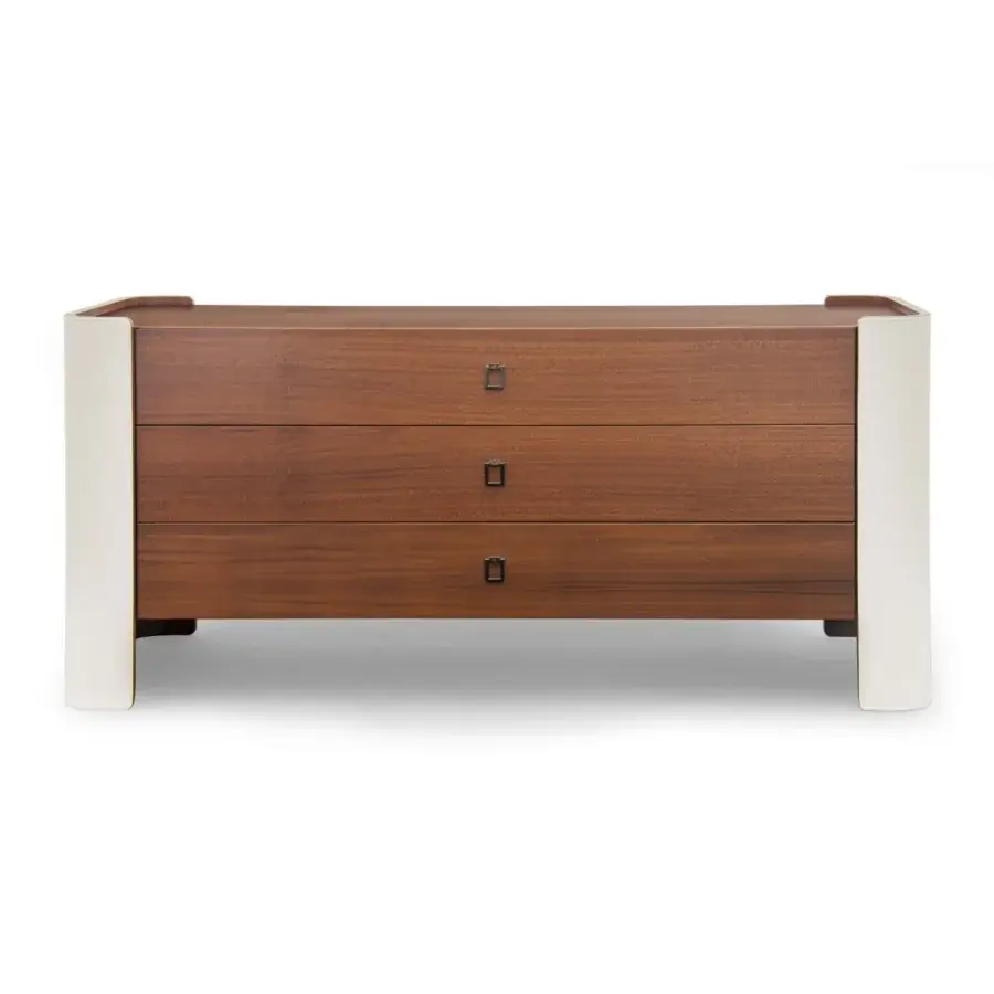 Meticulous Formitalia Downtown sideboard with wood veneer drawers, sleek metal handles and light leather sides crafted in Italy
