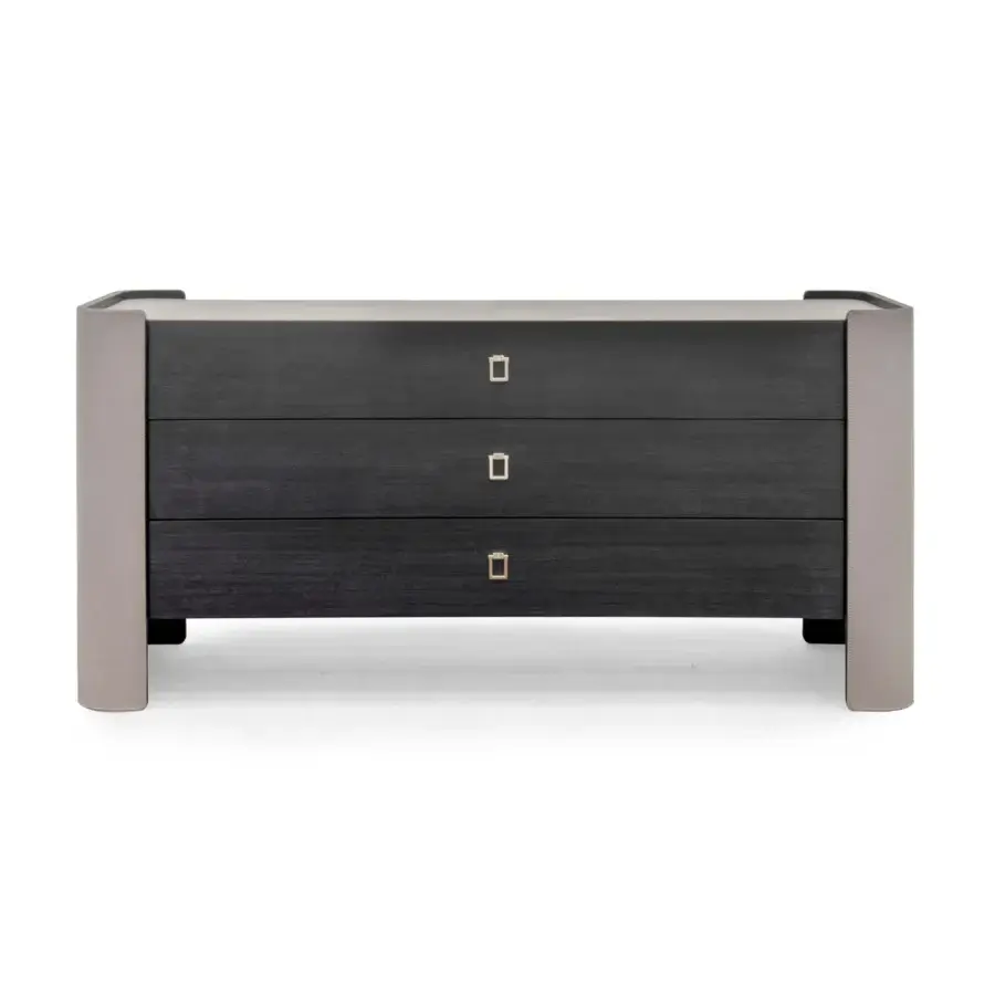 Superior Formitalia Downtown sideboard with light gray leather sides, dark wood veneer drawers and sleek metal handles